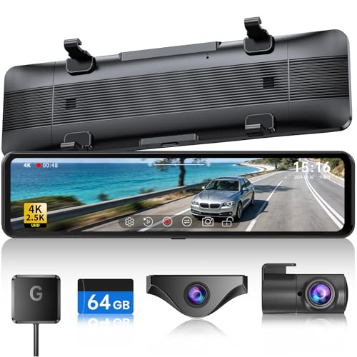 JOMISE T860+ Mirror Dash Cam 4K Front and 2.5K Rear, Detached Front Camera for 10-Minute Install, 3X Zoom Rear View Mirror Camera, 64GB Card Included, Night...