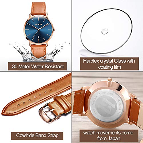 Image of OLEVS Men Leather Watches Black Ultra Thin 6.5mm Minimalist Dress Fashion Simple Casual Waterproof Date Watch for Men