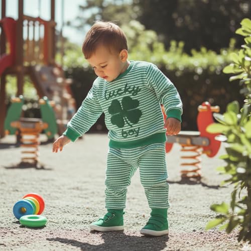 Image of Toddler Baby Boy St Patricks Day Outfit Infant Lucky Clover Sweatshirt Pants Set Little Kids Spring Warm Clothes