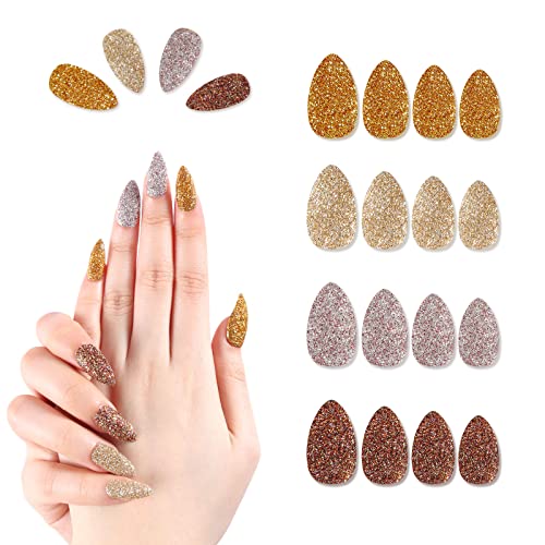 SIUSIO 96 Pcs Stiletto Fake Nails Press on Full Cover Top Coat Powder Glitter Bling Flakes Sequins Medium Covered Gel Length False Acrylic Nail Kits for Women and Girls(Gold & Silver Glitter Series)