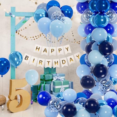Image of 100pcs Blue Balloons Set - 12inch Metallic Chrome, Pearl, Navy & Pastel Royal Dusty Blue Balloons for Birthdays, Father's Day, 2026 Graduation Party Decorations (2 Ribbons)