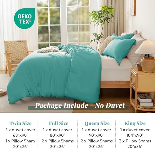 Image of MILDLY Duvet Cover Full Ultra Soft Comforter Cover Set 3pcs, Turquoise | Washed Microfiber Cotton-Like, Breathable Comfort, Hidden Zipper, Corner Ties, OEKO-TEX Certified, Fade Resistant