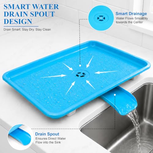 Image of JD FRESH Dish Drainer Tray with Water Drain Spout /BPA-Free Plastic Utensil Drying Tray /Countertop Kitchen Sink Organizer with Anti-Slip Feet /Multipurpose Drying Stand for Kitchen (12 x 17 Inch, Blue)