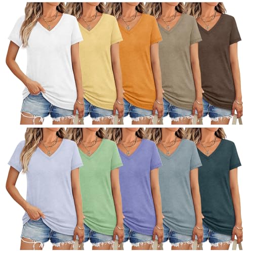3/10 Pack V Neck T Shirts for Women Short Sleeve Tshirts Summer Casual Tops Loose Fit Basic Tees