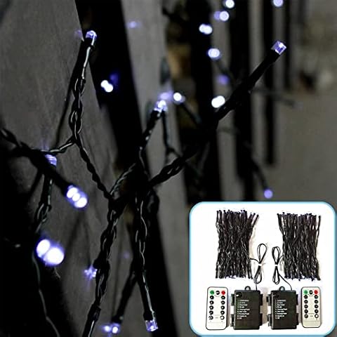 2 Pack Christmas Tree Lights String Cluster - 5m 50 LED Outdoor Indoor Battery Operated with Timer 8 Modes Dark Green Wire Fairy Lights for Bedroom Xmas Tree Patio Festival Decoration, Cool White Cover