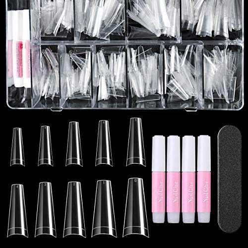 Clear Coffin Nail Tips and Glue - Acrylic Nail Tips Kit KPOOBOX 500pcs Ballerina Shaped False Nails Half Cover Fake Nail 4pcs Nail Glues 1pc Nail File with Box