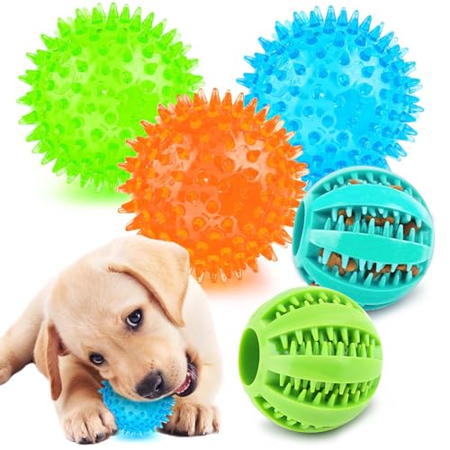 PUPTILY 2 Different Functions Interactive Ball for Dogs 2.5” Squeaky Dog Balls Toys and Puppy Teething Chew Toy Balls for Small Dogs for Clean Teeth and Training （5Pcs）