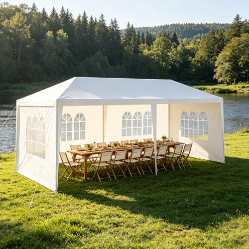 Image of 10x20 White Canopy Tent with 4 Removable Sidewalls and Windows, Waterproof Outdoor Party Gazebo Tent for Backyard Wedding Events BBQ Graduation