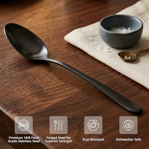 Image of Culinex 18 /8 Premium Stainless Steel 8.2 inch Black Dinner Spoon Set of 6 for Dining Table, Kitchen| Heavy, Rustproof, Designer Flatware By thinKitchen (Dora Series)
