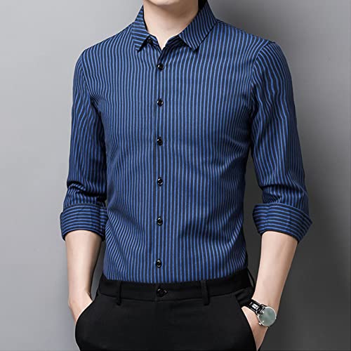 Men Lapel Striped Fashion Shirt Casual Thin Striped Loose Vintage Button Down Top Pinstripe Long Sleeve Shirt2
