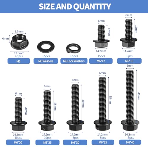 Image of 260Pcs M6 Black Flange Bolts Assortment Kit with Flange Nuts,Washers & Lock Spring Washers,M6-1.0x12 /16 /20 /25 /30 /35 /40mm Hex Head Screw,Carbon Steel Full Thread DIN 6921