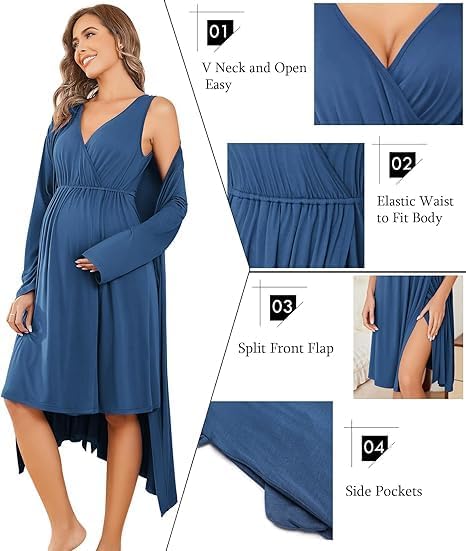 ELESOL Maternity Nursing Gown and Robe Set Labor Delivery Nursing Nightgowns for Breastfeeding Pregnancy Clothes