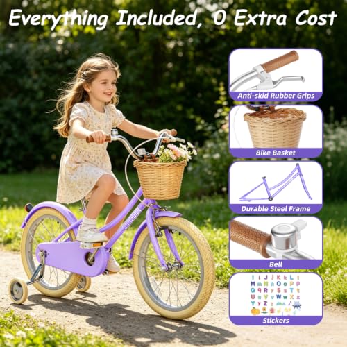Image of Glaf 12 14 16 18 20 24 Inch Girls Bike with Training Wheels /Kickstand Kids Bike for 2-15 Years Old Toddler Girls Bicycle with Basket, Beach Cruiser Girls Bike