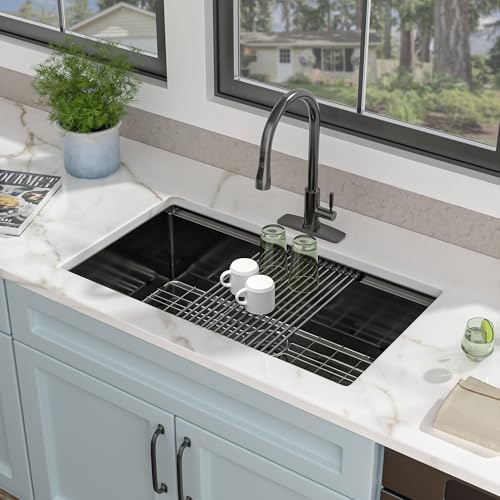 Image of 33 Undermount Kitchen Sink Black - Fulorni 33 inchx19 inch Kitchen Sink Ledge Workstation Gunmetal Black NANO-PVD 16 Gauge 304 Stainless Steel Under Counter Single Bowl Basin