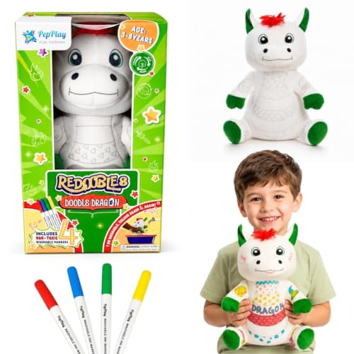 Image of PepPlay Redoobles Doodle Dragon - Color, Wash & Reuse Plush Toy for Kids 3-8 Years | 4 Non-Toxic Washable Markers | Screen-Free, Bath-Safe Soft Toy, Made in India | Dragon Gift for Boys & Girls