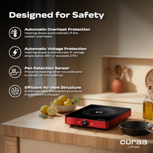 Image of Curaa IndiePro 2100 Watts Induction Cooktop for Indian Kitchens | 6 kV Surge Protection Design for Safety | Rotary Knob control with Timer | Incremental Heat Adjustment | 2 Year Warranty | RED