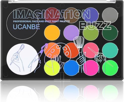 UCANBE Face Body Paint 18 Colors, Water Based Face Painting Kit with Large White Black & Neon Glow UV Facepaint SFX Makeup Palette for Halloween Party Costume Cosplay & Stage Make Up
