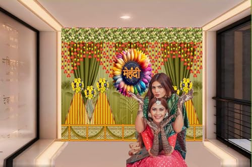 Image of DARSHANAM WORLD Wedding Decorative Cloth for Haldi & Mehndi Ceremony, Photoshoot, Haldi Background Enhancer for Mehndi Ceremony (8x5 ft, 3D Printed Backdrop with Floral & Logo Design) (Yellow & Pink)