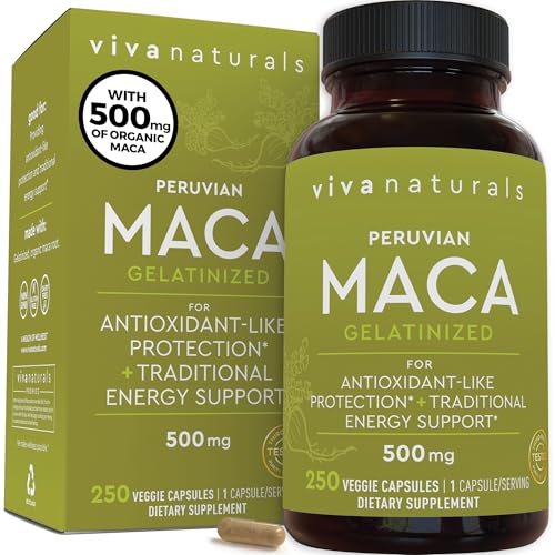 Viva Naturals Peruvian Maca Root Supplement for Women & Men, 500mg - Traditionally Used for Energy, Stamina & Endurance - 250 Yellow Maca Root Powder Capsules, Gelatinized for Easier Digestion - image 1