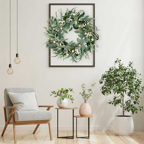 Sggvecsy Artificial Eucalyptus Wreath For Front Door 21 Inch Greenery Wreath Green Leaves Wreath With Mixed White Berries Spring Summer Wreath For Farmhouse Window Porch Wall Home Indoor Outdoor Decor thumb #3