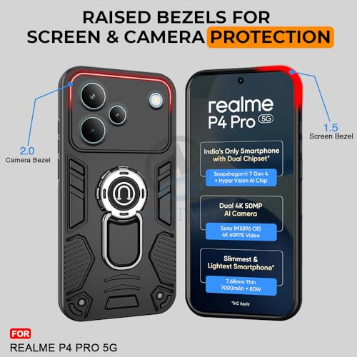 Image of AESTMO Realme P4 Pro 5G Back Case Cover | Tough Armor Bumper | Ring Holder & Kickstand in-Built | 360 Degree Protection Cover for Realme P4 Pro 5G (Black)