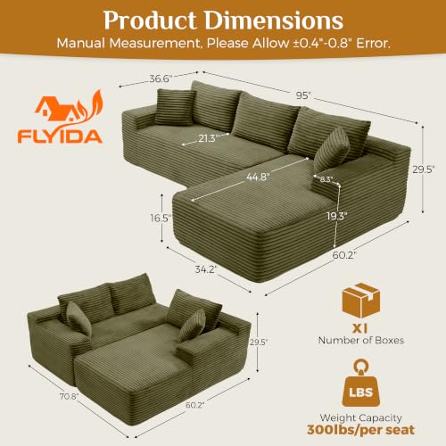 Image of 95 inch Boneless Cloud Sectional Couches for Living Room, Comfy Fluffy L Shaped Memory Foam Deep Seat Boneless Couch, Modular Sectional Sofa with Right Facing Chaise, Olive Green