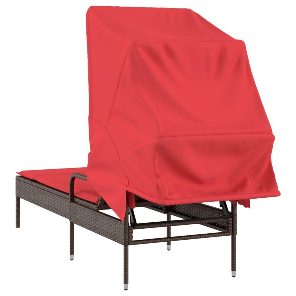 Lettino Prendisole con Tettuccio in Rattan PE Marrone per Giardino | Sdraio da esterno con schienale regolabile a 4 posizioni e cuscino rosso per il relax in terrazza o a bordo piscina.