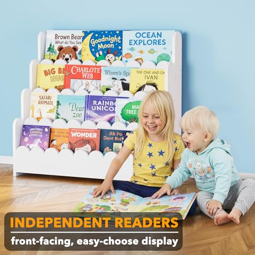 Image of SpaceAid 4-Tier Scalloped Bookshelf, Montessori Bookcase for Toddlers, Wooden Book Shelf Organizer Display Furniture for Kids Rooms, Playroom, Nursery and Classroom, 29.6 inch Wide, White