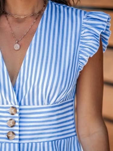 Image of CUPSHE Women's Striped Summer Dresses V Neck Casual Mini Dress Flutter Sleeve Ruffle Button Sundresses