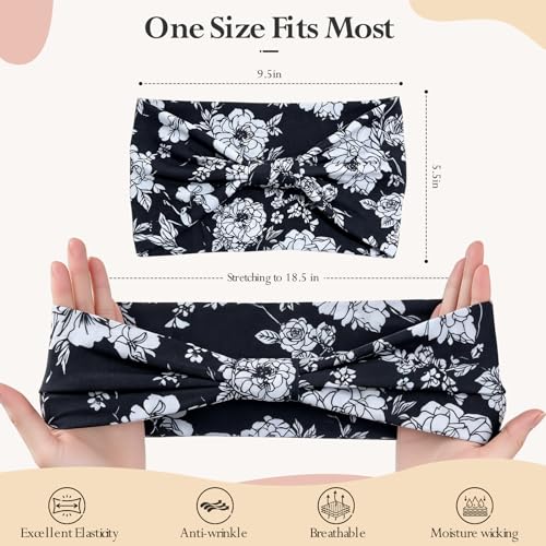 Image of HSEM Wide Headbands for Women 6-Pack - Non-Slip Boho Hair Bands, Thick Elastic Flower Head Bands - Large Knotted Soft Stretchy Sweat Bands for Sports, Yoga, Washing Face, Makeup, Running, Spa