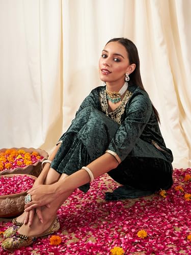 Image of Women's Velvet Floral Embroidered Straight Kurta | Round Neck Three-Quarter Sleeve Calf Length Kurti with Thread Work