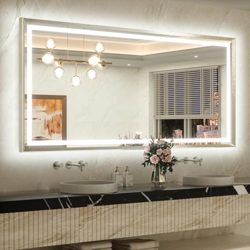 TETOTE 72 x 36 Large Bathroom Mirror Brushed Bright Nickel Metal Frame Frontlit & Backlit Vanity Mirror 3 Colors White/Warm/Natural Stepless Dimmable Anti-Fog Bathroom Mirrors for Vanity Wall-Mounted