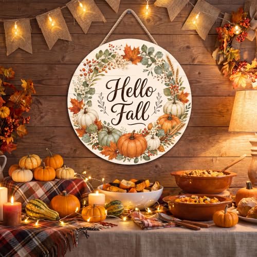 Image of Fall Decorations for Home - Hello Fall Wreaths for Front Door | Rustic Round Wood Wreaths Hanging Sign for Thanksgiving Decorations - Fall Garland Porch Decor for Door Wall Room Kitchen