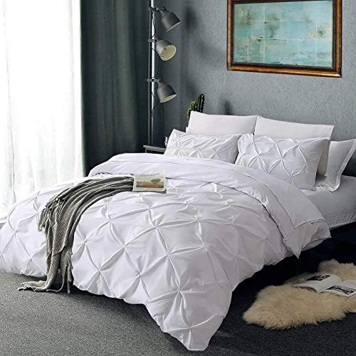 Ebeddy Linens Ultra Silky Soft Pinch Pleated Egyptian Cotton Alaskan King 132X120 Size 3-Pieces Duvet Cover Hidden Zipper Closer & Corner Ties Durable And Fade Resistant, Pintuck White #TOP1