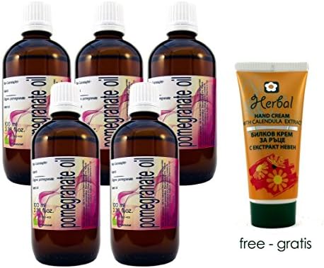 Set of Five (5) Premium Pomegranate Seed Oil, Organic Certified , 100% Pure, 100% Natural, Total 16.90 Oz (500ml) - 3.38 Oz (100ml) Each Bottle. Glass Ambar, Preservative Free, Cold Pressed, Extra Virgin, Origin Iran, Tested and Bottled in Austria. Free Cream with Your Order