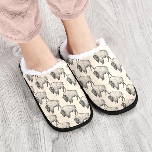 Bison Fuzzy House Slippers Warm Slippers for Women's Men's Cozy Shoes3