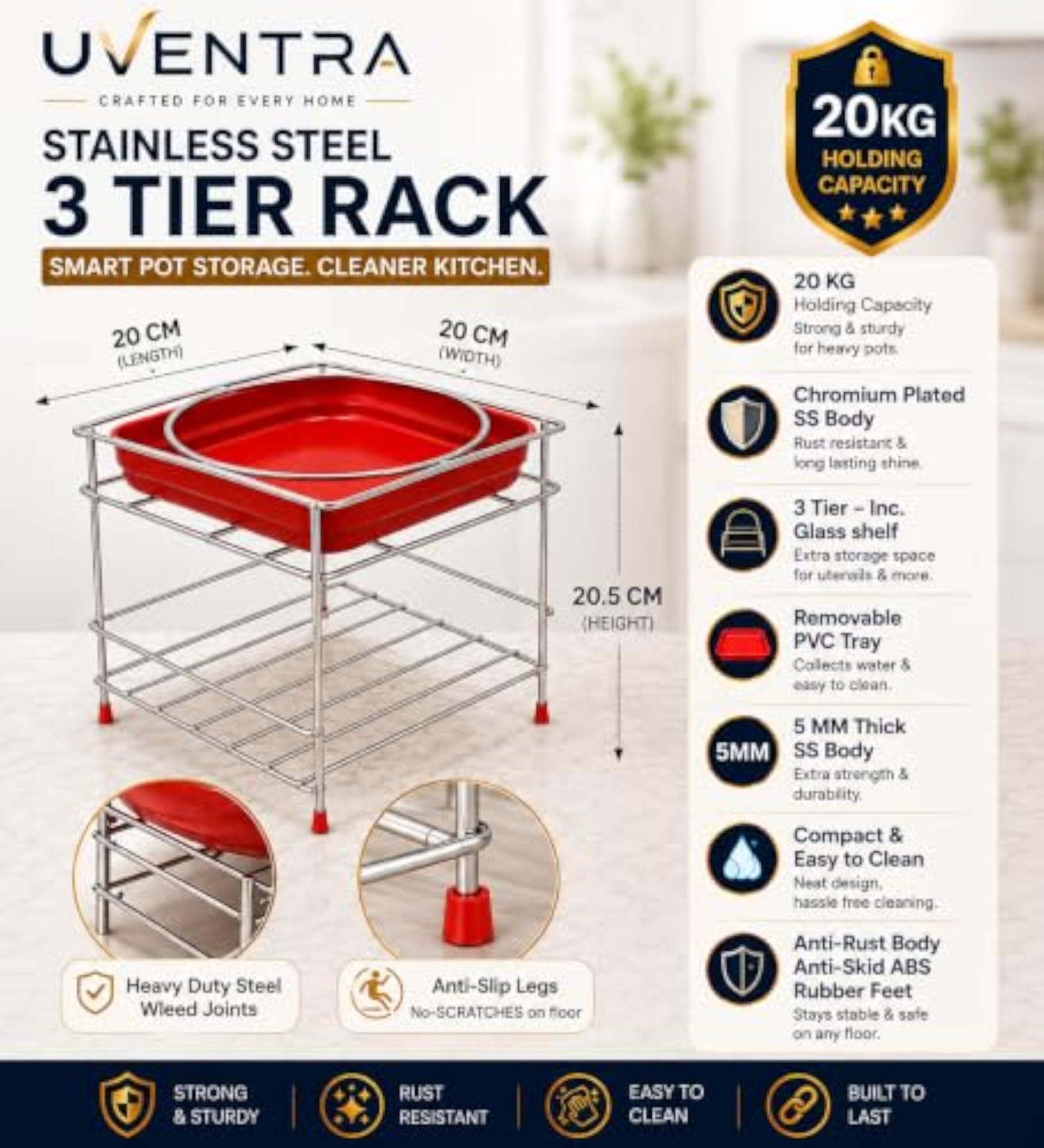 Stainless Steel Pot Rack Stand with Removable PVC Tray