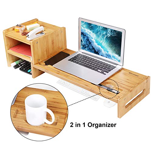 SONGMICS Bamboo Monitor Stand Riser Laptop Cellphone TV Printer Stand with 2-Tier Desktop Storage Organizer Patented ULLD217 - Image 5