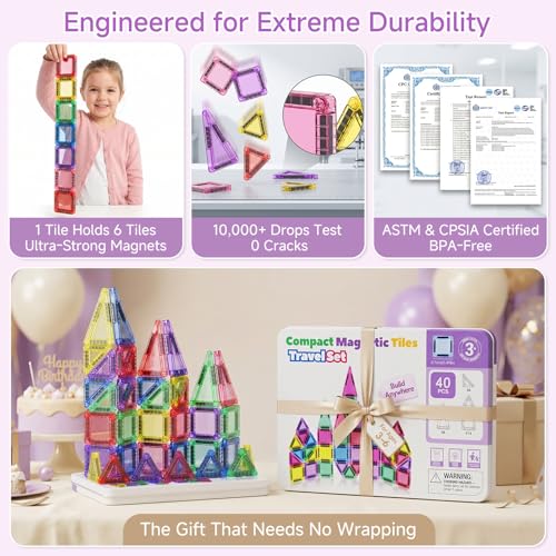 Image of Magnetic Tiles for Kids Travel: 40pcs Portable Mini Building Toy | 30-Sec Iron Case Opens Into 10.6-Inch Play Board - STEM Gift for Toddlers Ages 3-6 - Airplane Road Trip Restaurant