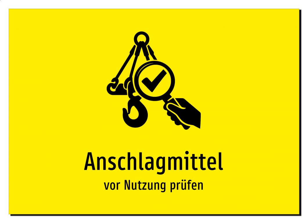 Anschlagmittel - vor Nutzung prüfen – Aluminiumschild A2: 594x420mm – Mit Grafik und Text