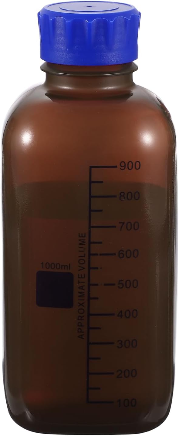 PATIKIL 1000ml Thickened Media Storage Bottles,1 Pcs PP Plastic Graduated Bottle with Blue Screw Cap for Lab Water Reagent Liquids, Brown(Square)