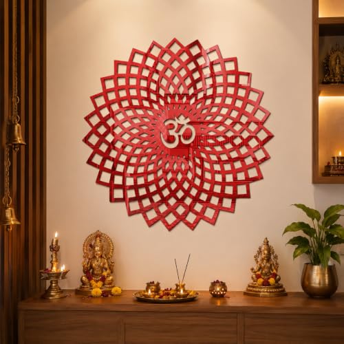 Image of Mandala Om 3D Acrylic Mirror Wall Sticker | Red Decorative Om Wall Art for Living Room, Hall, Bedroom, Kids Room, Home & Office | Self-Adhesive Spiritual Mirror Wall Decor
