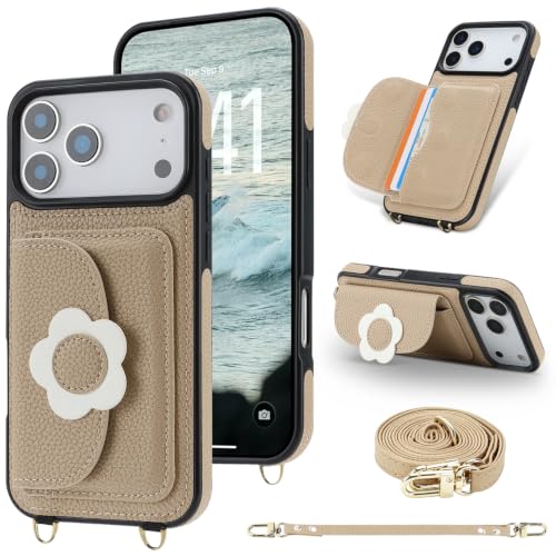 For iPhone 17Pro Max�P�[�X�w�� ���|�� �΂߂��� �X�^���h�@�\ �J�[�h���[ �X�}�z�P�[�X�yMYH�z�A�C�t�H��17�v���}�b�N�X PU���U�[�l�C���������̉ԏՌ��z�������h�~�����h�~ �X�g���b�v�g�уP�[�X(�x�[�W��)