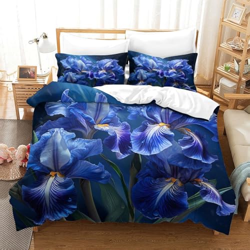 Parure de lit fleurs d'iris bleu 3D microfibre super douce housse de couette - 3