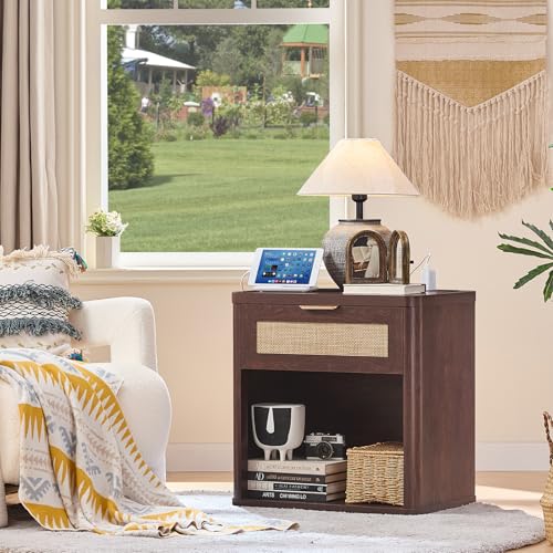 Image of LEYAOYAO Rattan Nightstands Set of 2 with Charging Station, Walnut Night Stand with Drawer, 23 inch Wide Boho Bedside Table with Storage Shelf, Bed Side End Tables for Bedroom, Living Room, Hallway