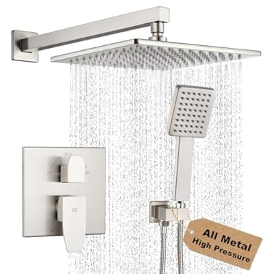 POP SANITARYWARE Shower Faucet Set Brushed Nickel Rainfall 10 Inch Shower Head and Handle Set Bathroom Rain Shower System Wall Mounted Shower Fixture Include Shower Valve and Trim Kit