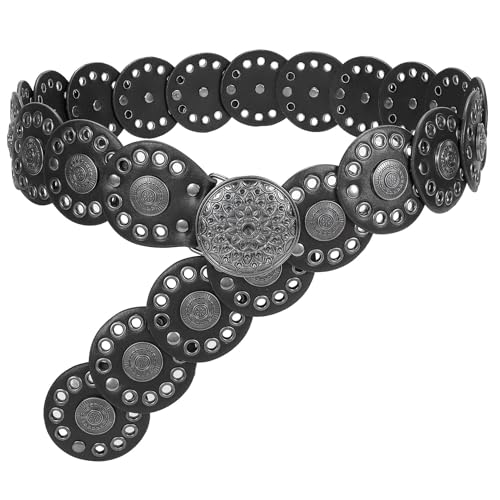 WHIPPY Western Belts for Women Vintage Disc Waist Belts Concho Leather Belts Boho Waist Belt for Dress Jeans, Black, S