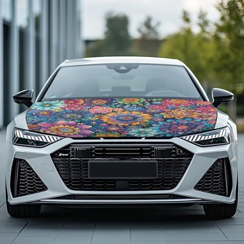 Image of Bohemian Flower Car Hood Cover, Stretch Polyester Car Hood Protector Removable Automotive Accessories Suitable Most Auto Sedans Trucks Pickup Sports Cars