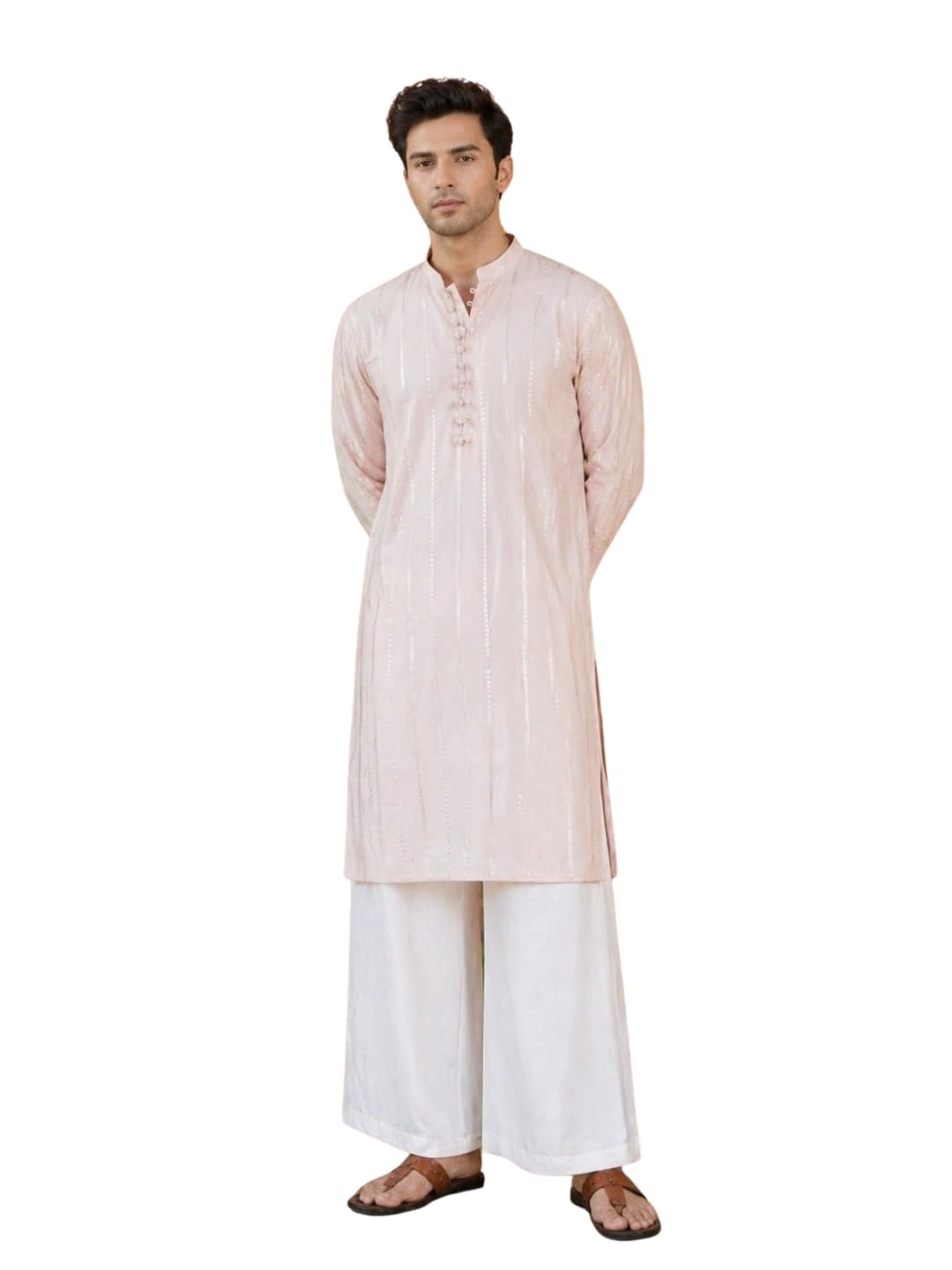 see designs Men's Mandarin Collar Full Sleeve Sequence Cotton Silk Kurta with Flared Pyjama-picture-19