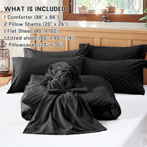 Image of Zzlpp Queen Comforter Set 7 Pieces, Black Tufted Bed in a Bag with Comforter and Sheets,All Season Boho Bedding Sets with Comforter, 2 Pillow Shams, 2 Pillowcases, 1 Flat Sheet, 1 Fitted Sheet